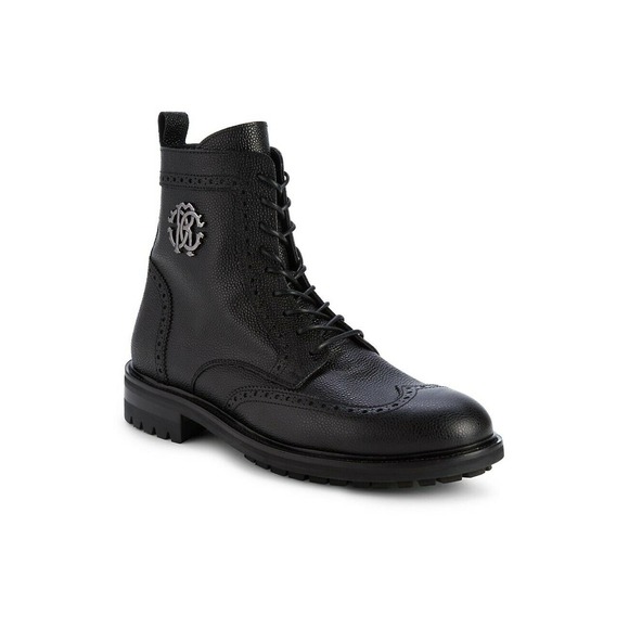 ROBERTO CAVALLI BLACK GRAINED LEATHER LOGO BROGUE LACE COMBAT BOOTS 44 / 11